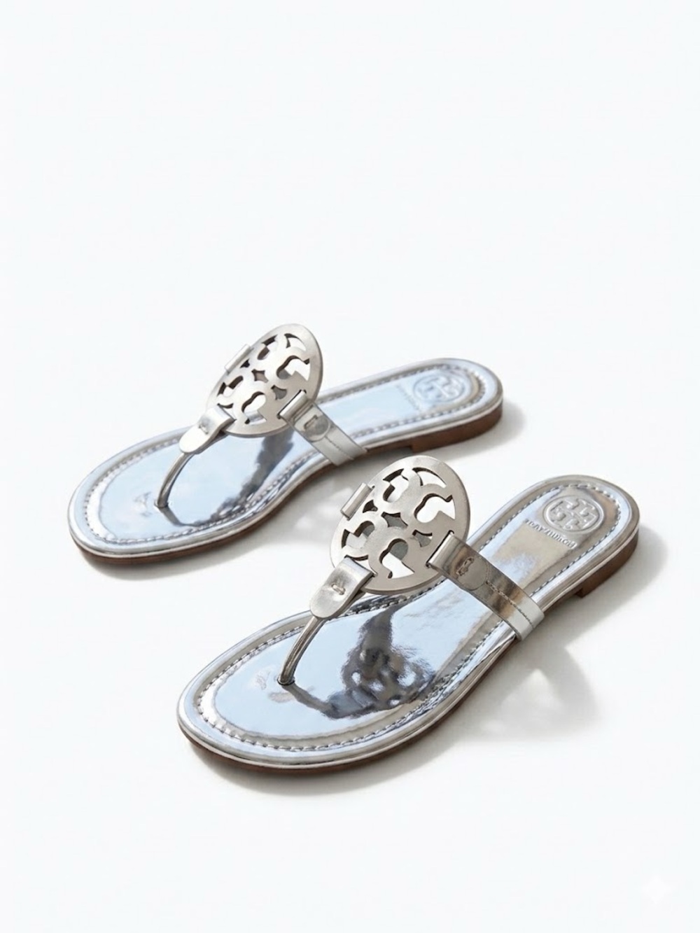 Tory Burch Metallic Silver Logo Cutout Thong Sandals